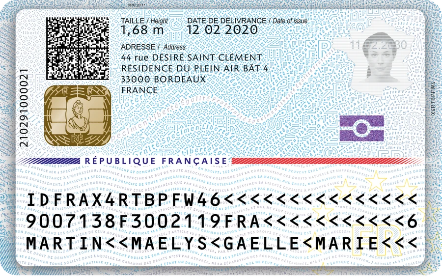 Espécimen oficial del documento nacional de identidad francés, reverso